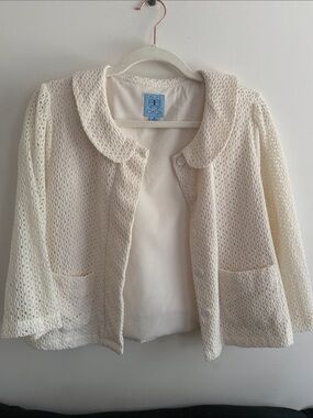 CeCe Cream Crochet Openwork Blazer with Peter Pan Collar